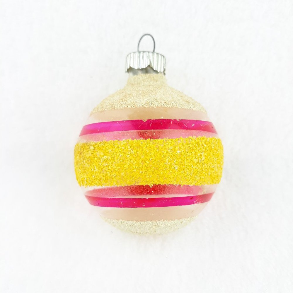 Vintage Shiny Brite Unsilvered Christmas Ornament Mica Striped Yellow White Pink